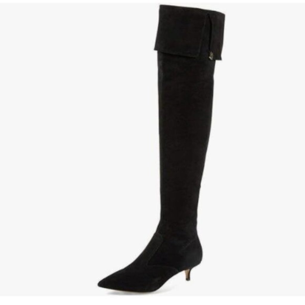 Ydn Women Pointed Toe Over The Knee High Stilettos Kitten Mid Heel Black Boots